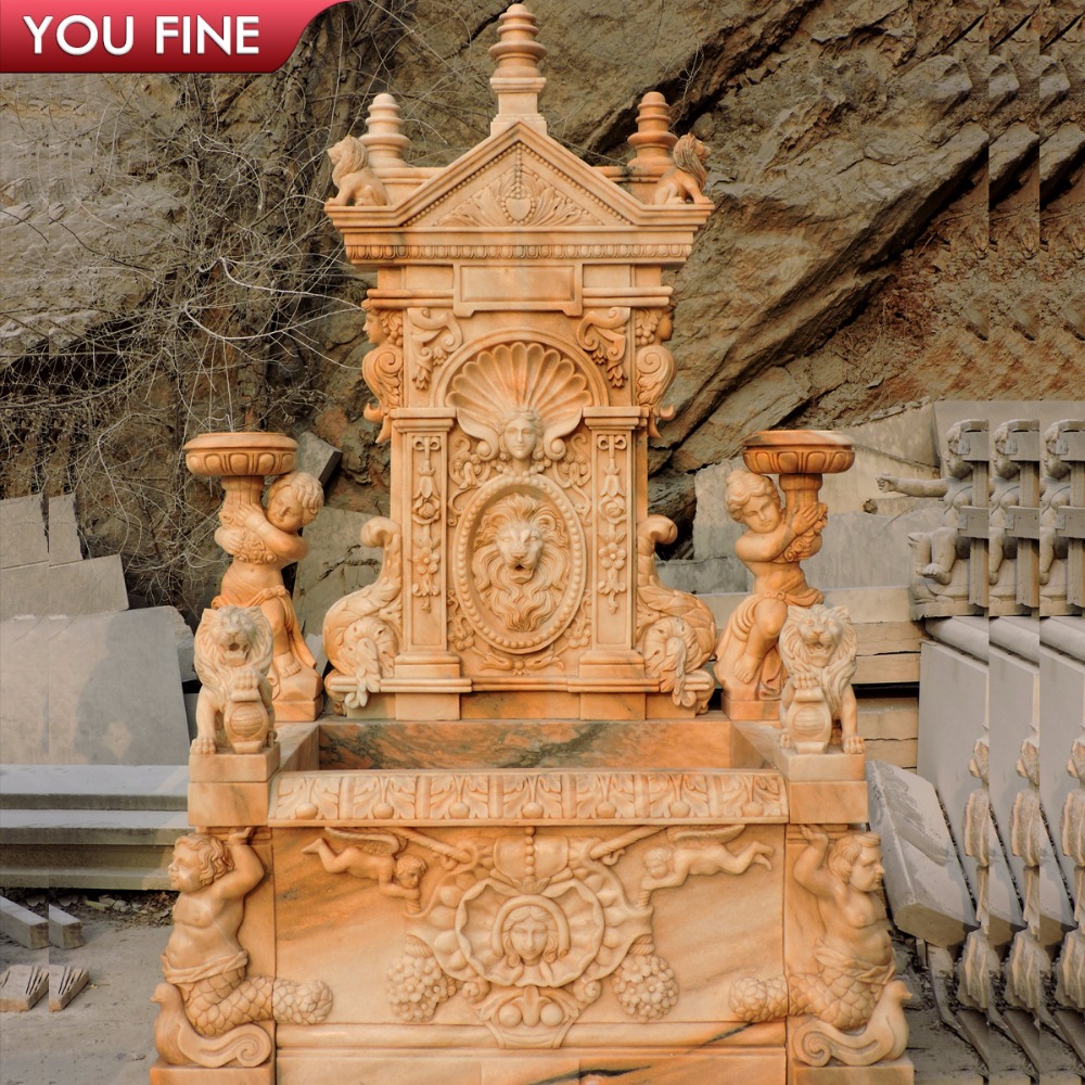 Outdoor Garden Pink Marble Carved Lion Head Wall Fountain