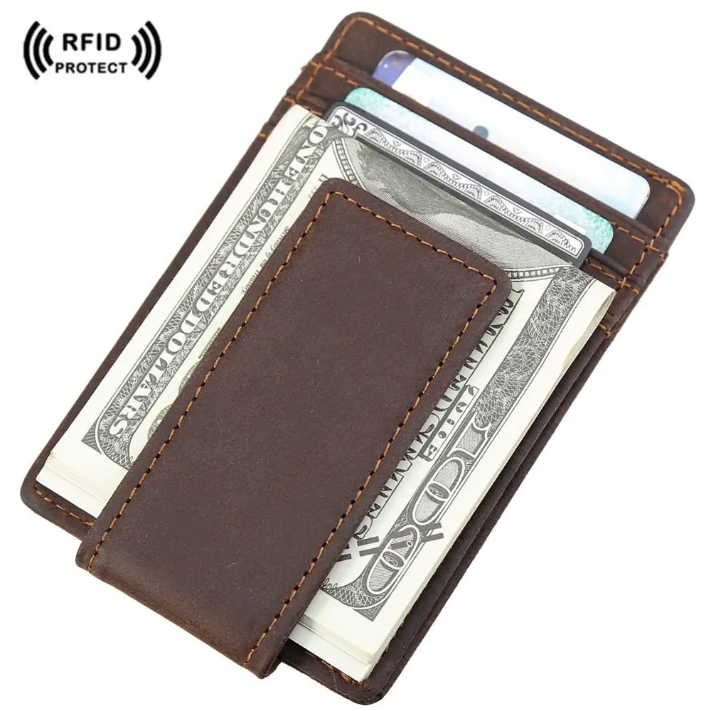 Echtes Leder RFID Sperrung Starke Magnet Front Tasche Geld Clip Brieftasche Leder