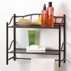 Organizador de parede com 2 prateleiras e toalha, banheiro em bronze com ganchos, óleo esfregado