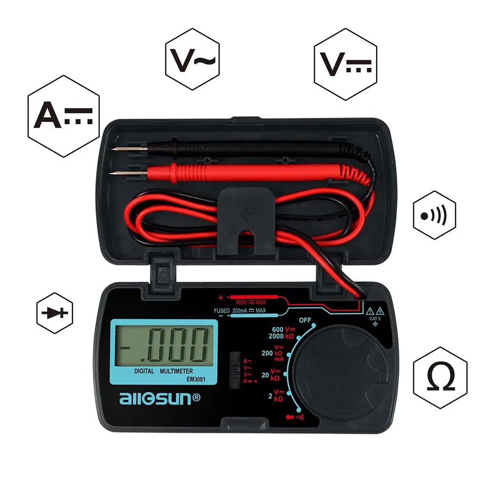 Allosun มิเตอร์วัดความต่างศักย์แอมป์มิเตอร์,EM3081มิเตอร์ดิจิตอลขนาดเล็ก3 1/2 1999 Ac/dc โวลต์มิเตอร์โอห์มแบบพกพา