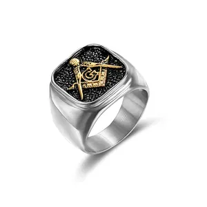 Punk 316L Stainless Steel Warna Emas Masonik Freemason Bentuk Persegi Cincin untuk Pria Fashion Perhiasan Hadiah