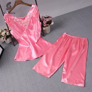 FactoryWholesale <strong>Summer</strong> Short Sleeve v Neck Satin Pajamas Set 2 Pieces Night Sleeping Wear Sleepwear Silk Pajamas Satin <strong>Pjs</strong> - Product Image 2