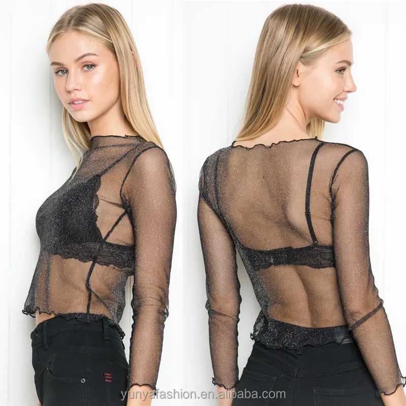 Sexy Black Glitter See Through Tops Transparent Mesh T Shirt For Women