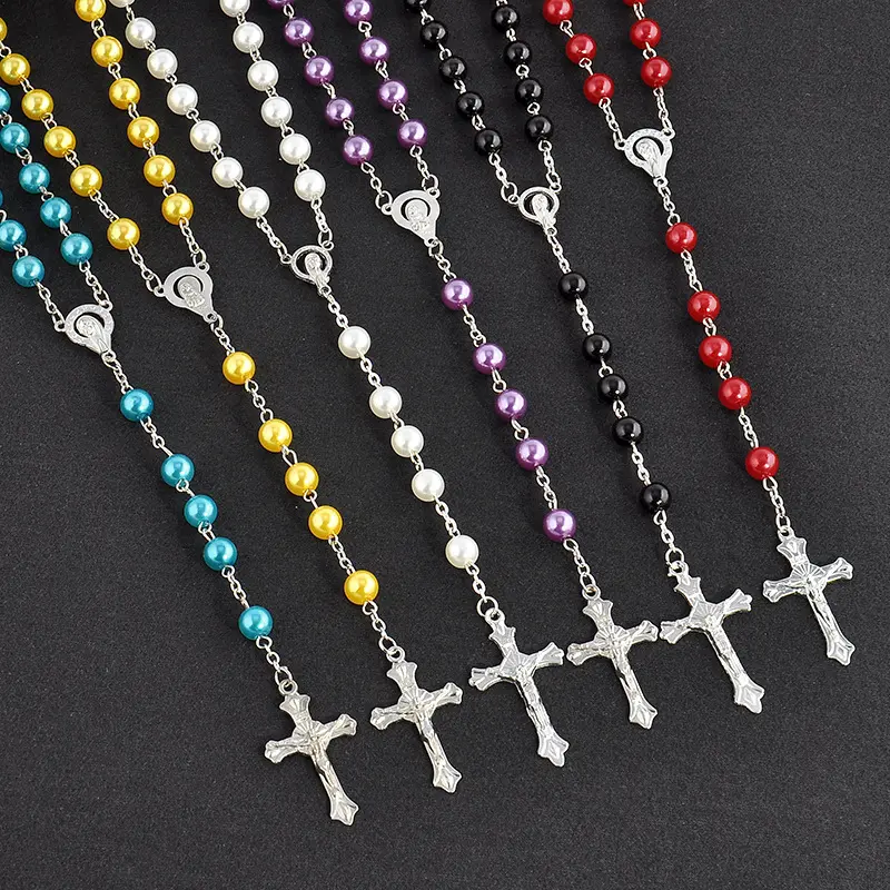 Collar religioso de Cruz de moda, collar, Rosario Católico, rosa perla de 6 colores