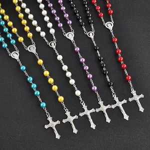 6 Color Pearl Rose Catholic Rosary Necklace Fashion Cross Religious Necklace