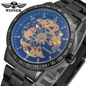 Montre automatique avec squelette en acier inoxydable pour hommes, vente en gros, s-winner, prix bas, automatique, noir et or - Product Image 2