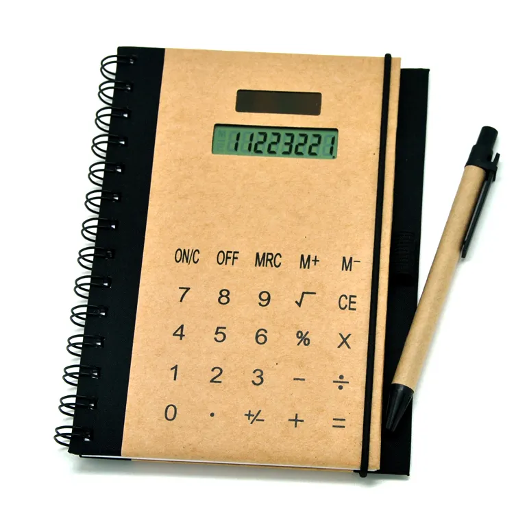 Notebook eco material espiral notebook, com calculadora eletrônica 8 dígitos, energia solar, desktop