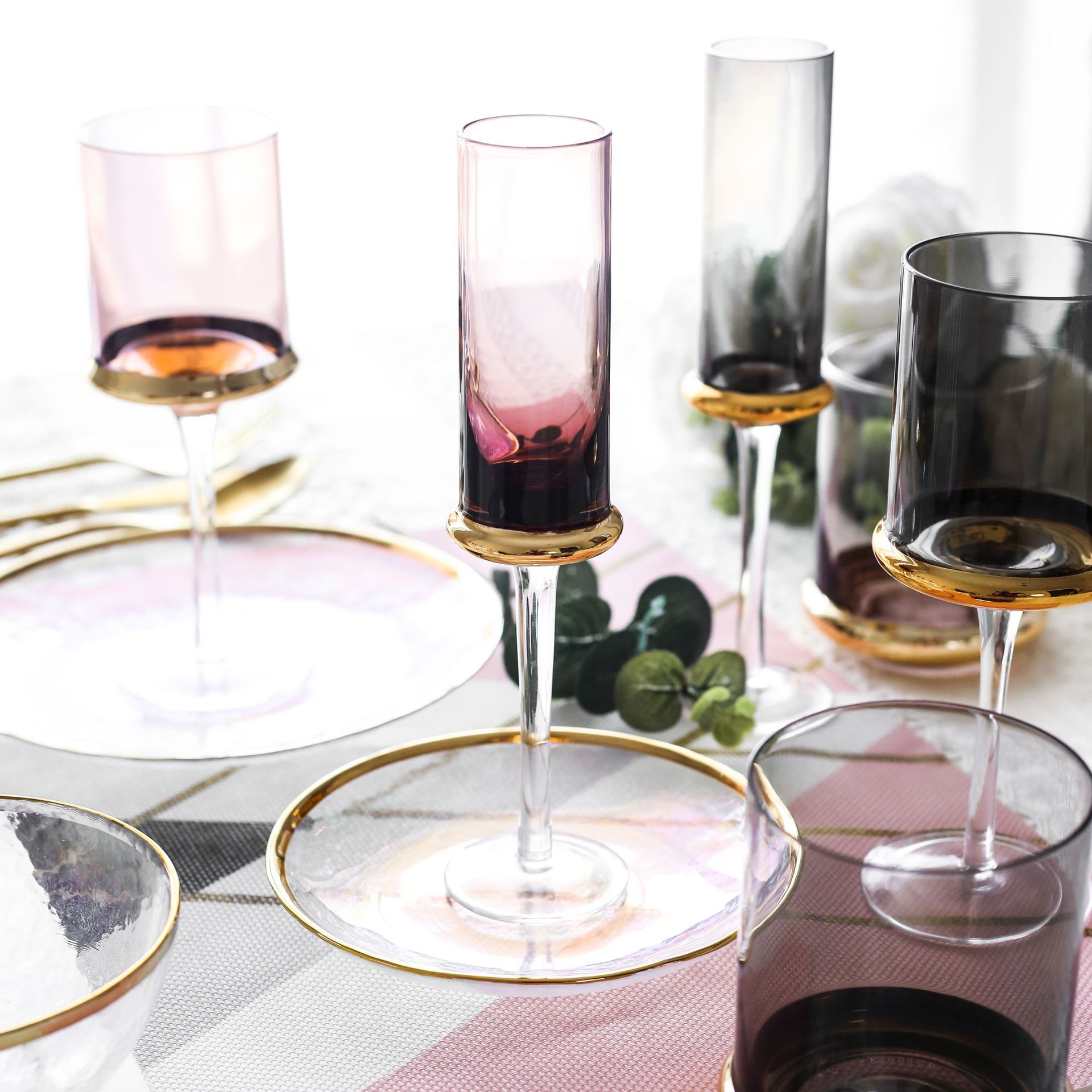 Hand Blown Crystal Wine Glasses  Gold Rim Grey Colored Wine Glass Champagne glass