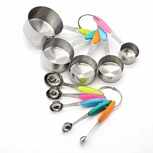 10 pieces stainless steel measuring cups and spoons set tool with silicone color handle