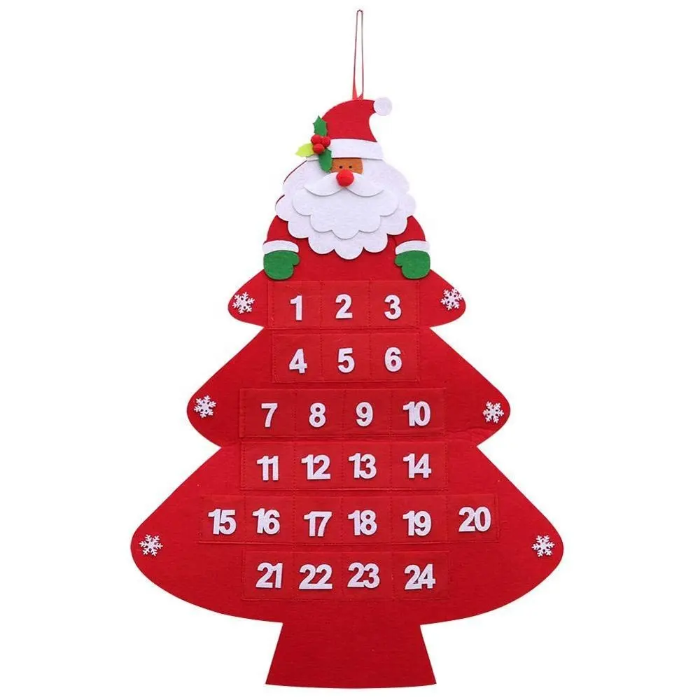 24 Days Christmas Countdown Calendar Wall Hanging Santa Claus Christmas Tree Shaped Felt Advent Calendar with Pockets