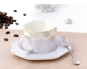 Octagon best selling simple pattern coffee/tea cup and saucer with spoon