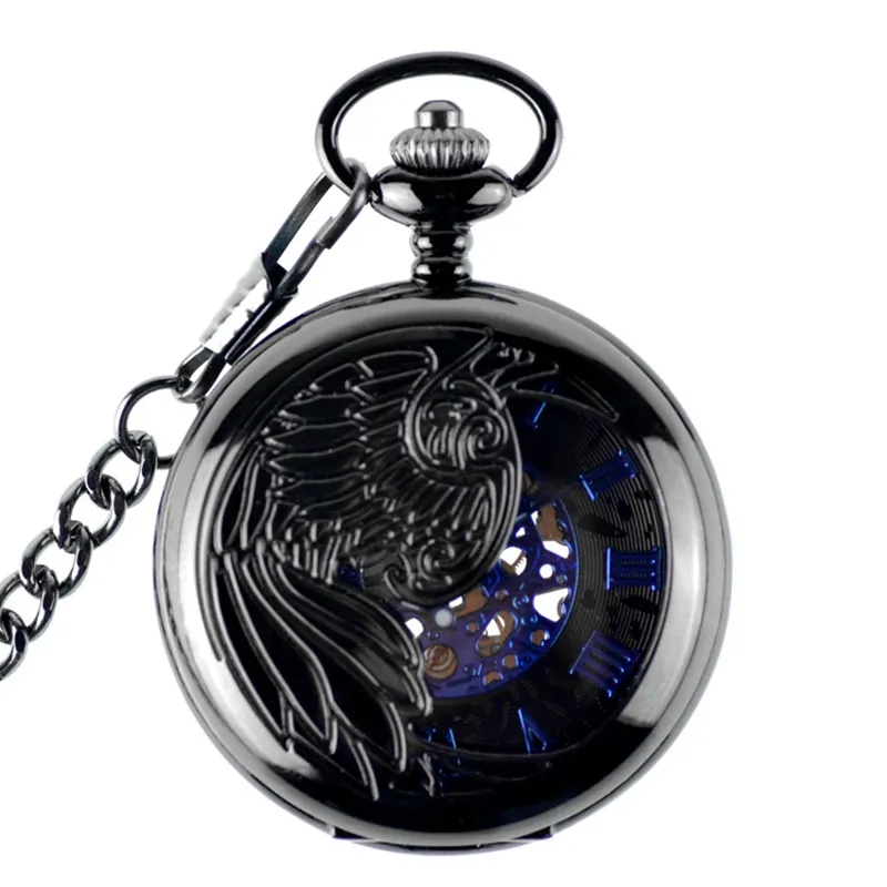 Antike Skeleton Blau Römischen Ziffern Zifferblatt Schwarz Legierung Fall Hand Wind Fob Kette Uhr mechanische Männer steampunk Taschenuhr