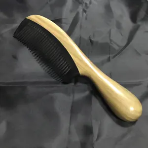 Handmade No Static Black Buffalo Horn Hair Comb with Green Sandalwood Handle (Rounded)