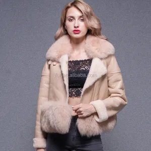 Wholesale Popular Women Sleeve Fox Fur Collar Double Face 100% Woman Leather Jacket