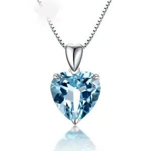 Blue Crystal Topaz Pendant Ocean Heart Shaped Necklace 925 Silver