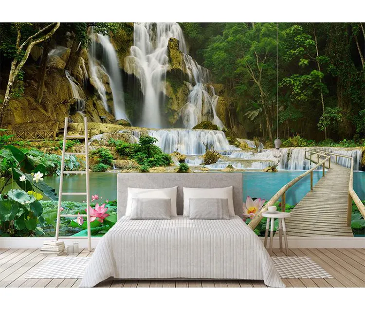 3D Behang Natuurlijke Bos En Waterval Muurschildering Lotus Brug Huis Decoratie Sticker