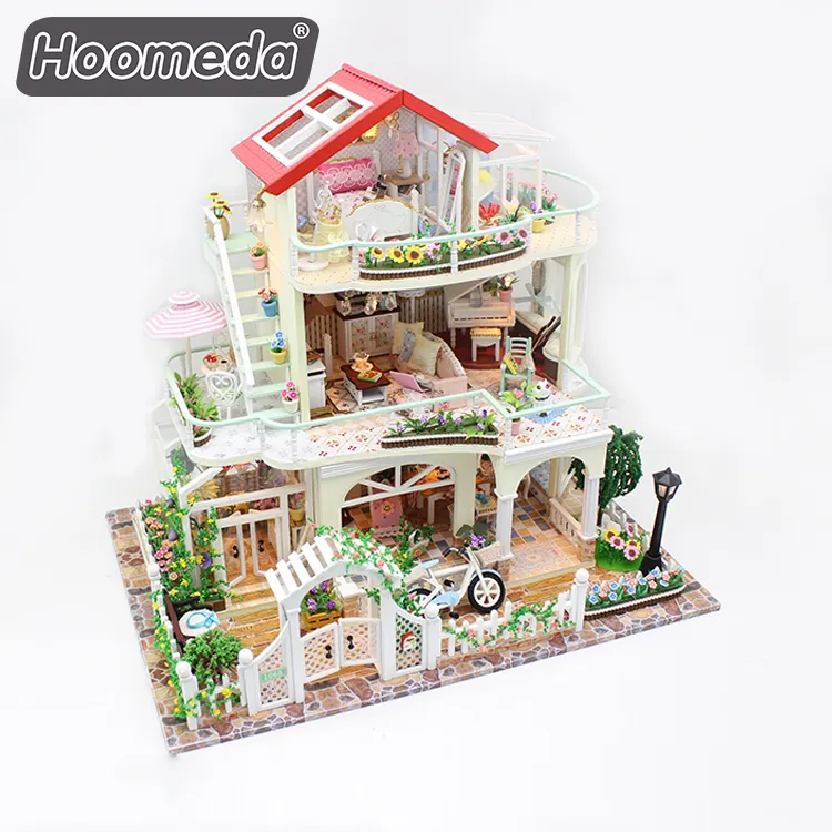 Hongda marka minyatür bebek evi mobilya seti diy üç kat ahşap dollhouse