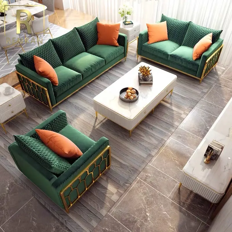 Populaire licht luxe fluwelen stof metalen sofa set ontwerpen fancy meubelen woonkamer meubels sets