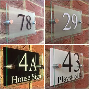MODERN HOUSE SIGN PLAQUE DOOR NUMBER STREET GLASS EFFECT ACRYLIC NAME