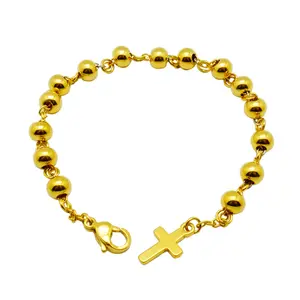 Best Quality 1ST Grade Quality gold stainless steel bead bracelet religious bracelet with cross