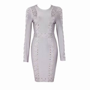 fashion purple evening elegant metal buckle party ladies slim evening dress long sleeve gray bandage dress