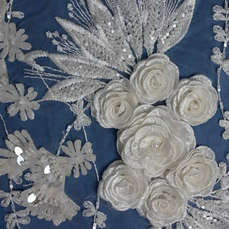 Wholesale embroidery hand work 3d flower beaded bridal lace applique for wedding dress