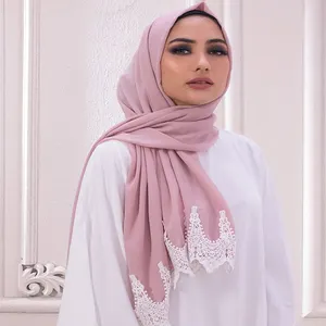 Groothandel Vlakte Kant Bloem Dikke Bubble Zware Chiffon Hijab Moslim Vrouw Plain Shawl Sjaal