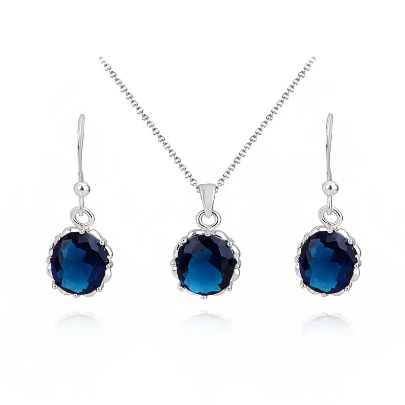 Simple Elegant Design Women Round Cut Indian Cubic Zirconia Gemstone Blue Sapphire Bridal Earrings And Necklace Jewelry Set