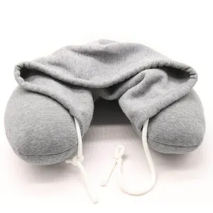 Adjustable Soft Sleeping Cotton 2 In 1 U Shaped Pillow Car Resting Foldable Microbeads Cap Neck Travel Pillow With Hoodie