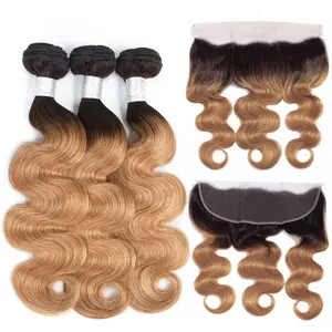 Human Hair Extension 1B 27 Ombre Body Wave with Frontal Brazilian Raw Unprocessed Human Virgin Hair Weave Bundles and Frontal