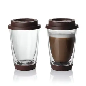 Taza de café de vidrio borosilicato con doble pared, sin BPA, 12oz, termo aislado, con tapa, para llevar café, té y bebidas calientes