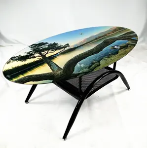 Colorful stickers covered tempered glass coffee table