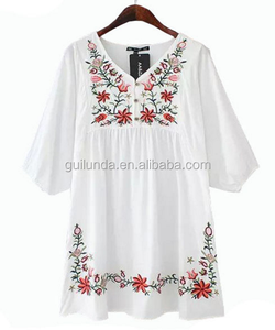 Camicetta Estiva da <span class=keywords><strong>Donna</strong></span> 100% Cotone Traspirante ad Asciugatura Rapida con Scollo a V <span class=keywords><strong>Manica</strong></span> Corta Stile Vintage con Ricamo Bianco - Product Image 1