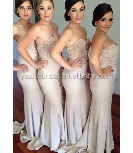 Satin Strapless Bridesmaid Dress with Beaded Pearls, Custom Size