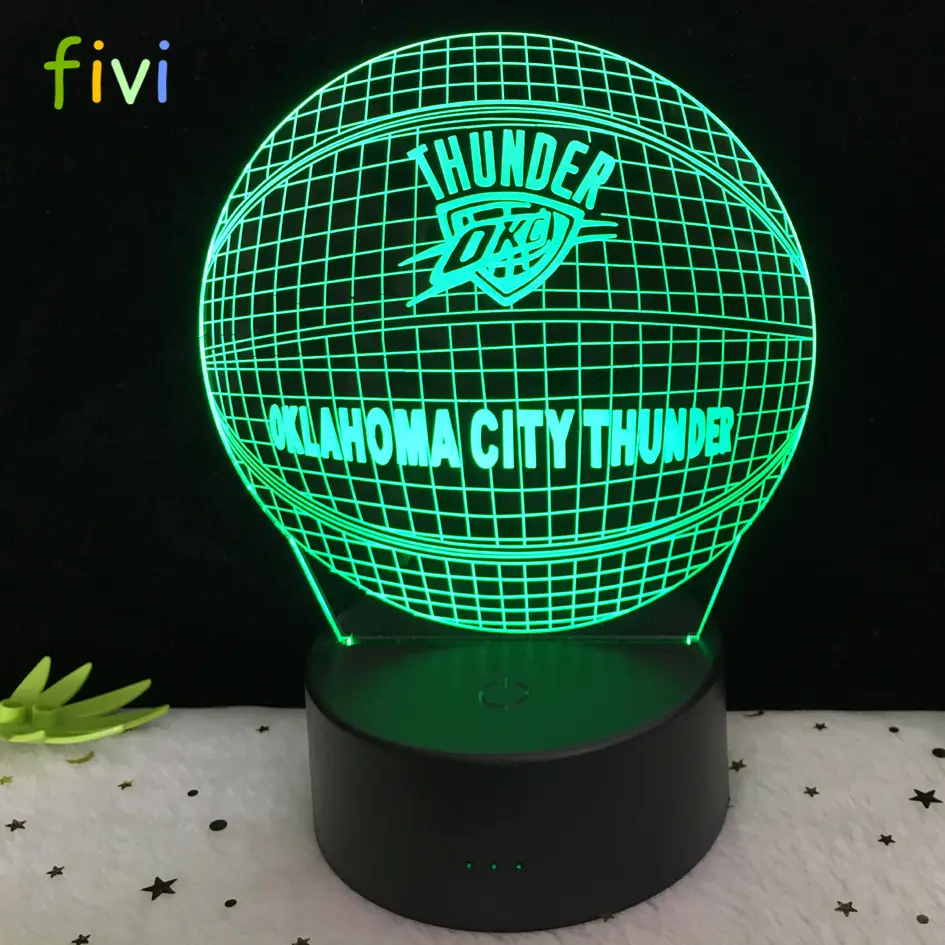 LED NBA Team Oklanhoma City Thunder 3D Optical Illusion Smart 7 Colors Night Light Table LampとUSB Power Cable