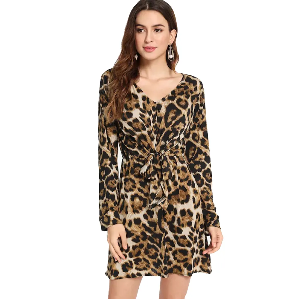 2019 new Spring donne di stile dei vestiti della stampa del leopardo profondo Scollo A V backless maniche lunghe con l'arco