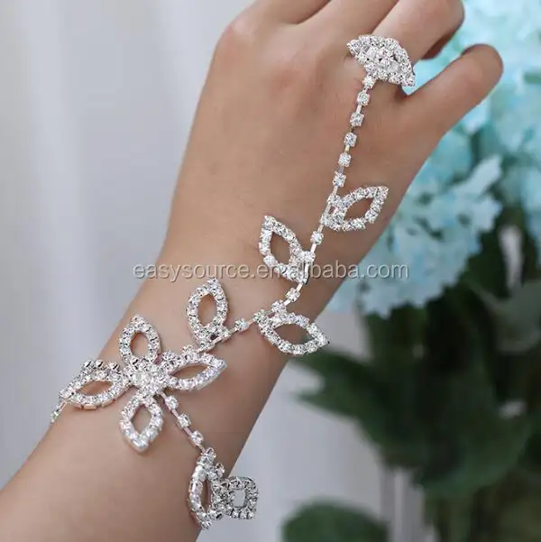 Blatt Design Hochzeit Finger Kette Ring Armband Sklave Armband mit Ring Hochzeit Braut Armband Armreif Ring Set
