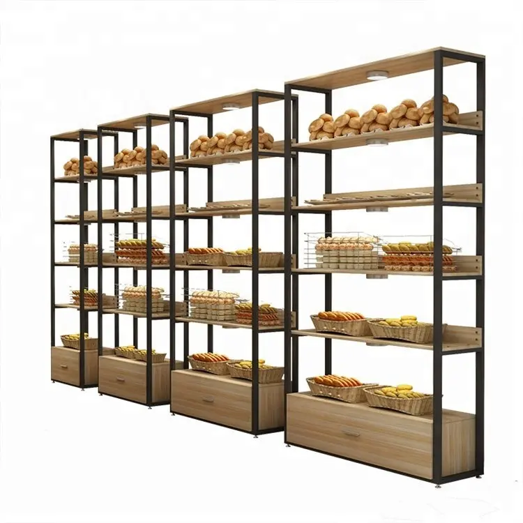 Bewaldete Bäckerei Regal Supermarkt Design Layout moderne Holz regale für die Wand montage