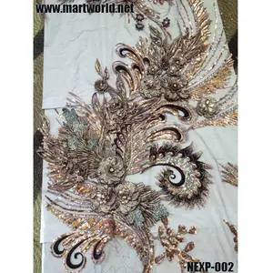 brown flower embroidery beaded rhinnestone lace fabric wholesale (NEXP-002)