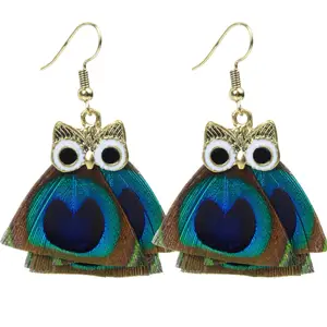 Chanfar Vintage Owl Pendant Peacock Feather Earrings