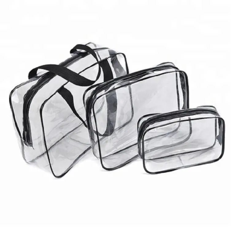 3Pcs Crystal Clear Cosmetic Bag TSA Air Travel Toiletry Bag Set with Zipper Vinyl PVC Make-up Pouch Handle Straps for Women Men