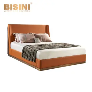 Luxury Italian Orange High Quality Leather King Size Modern H Series Stylish Bedroom Furniture