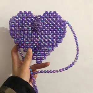 Ins Popular Dazzling Heart-shaped Bag Women Bead Messenger Bag with Beaded Chain