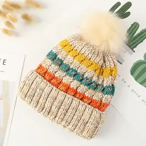 Woman wholesale custom logo warm caps strip winter woolen beanie knit hats with pom