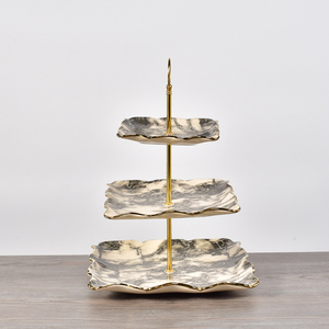 Unique 3 Tier Hotel Restaurant Used Ceramic Dessert Plate / Party Wedding Decoration Black <strong>Marble</strong> <strong>Cake</strong> <strong>Stand</strong> with Gold Rim - Product Image 5