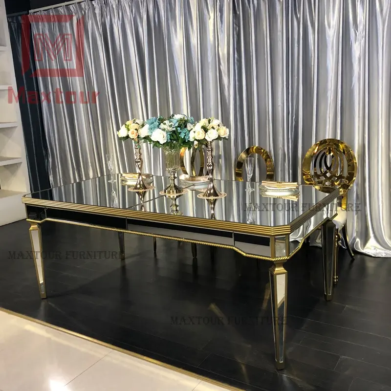 Mesa de comedor con espejo de oro rectangular de Dubái, mesas de comedor de lujo con espejo para eventos de boda