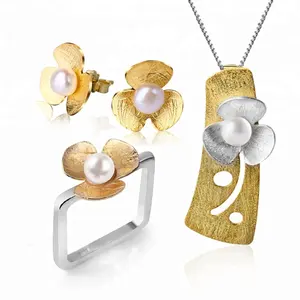 Lotus Fun18K anting-anting berlapis emas, 925 perak murni kalung liontin cincin mutiara air segar emas set perhiasan untuk wanita