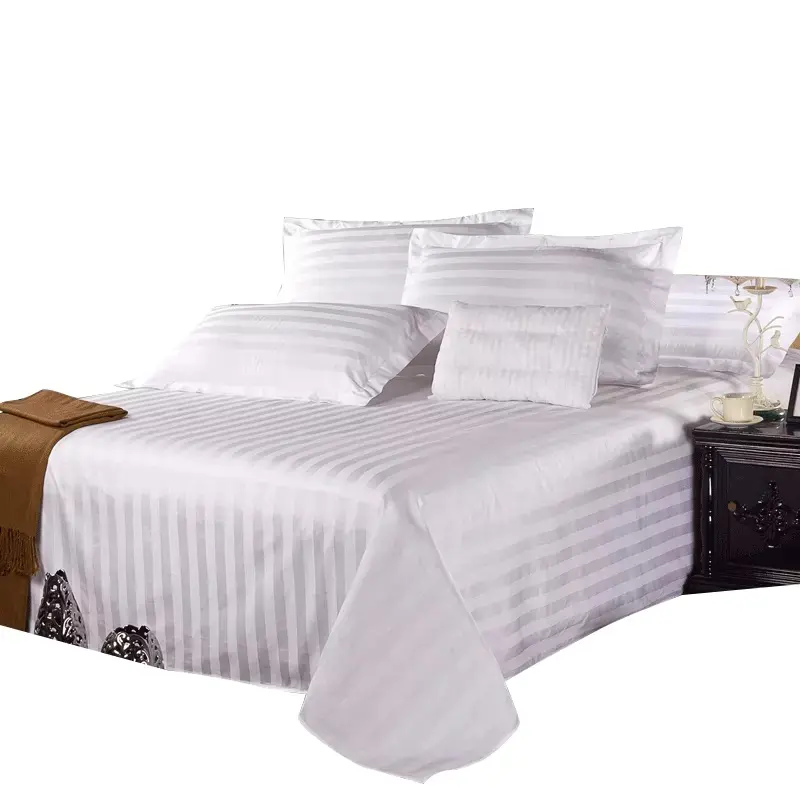 Sábana de cama de alta calidad OEM, 40x40S, 250TC, a rayas, Blanca, para hotel, usada con precio barato