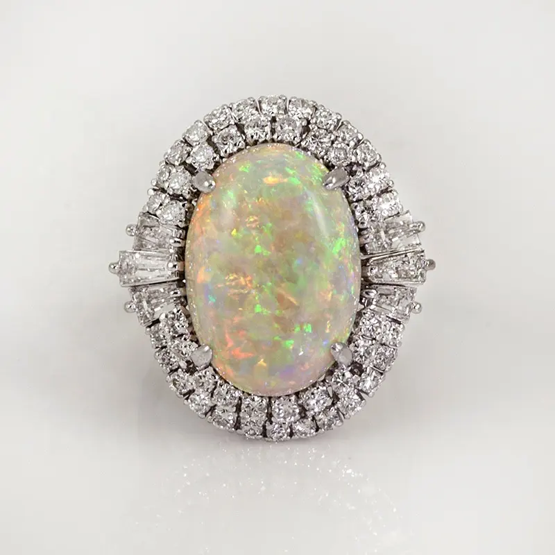 Caoshi Large Man-Made White Fire Opal Stone Brass Plating Fire Opal 925 Ring