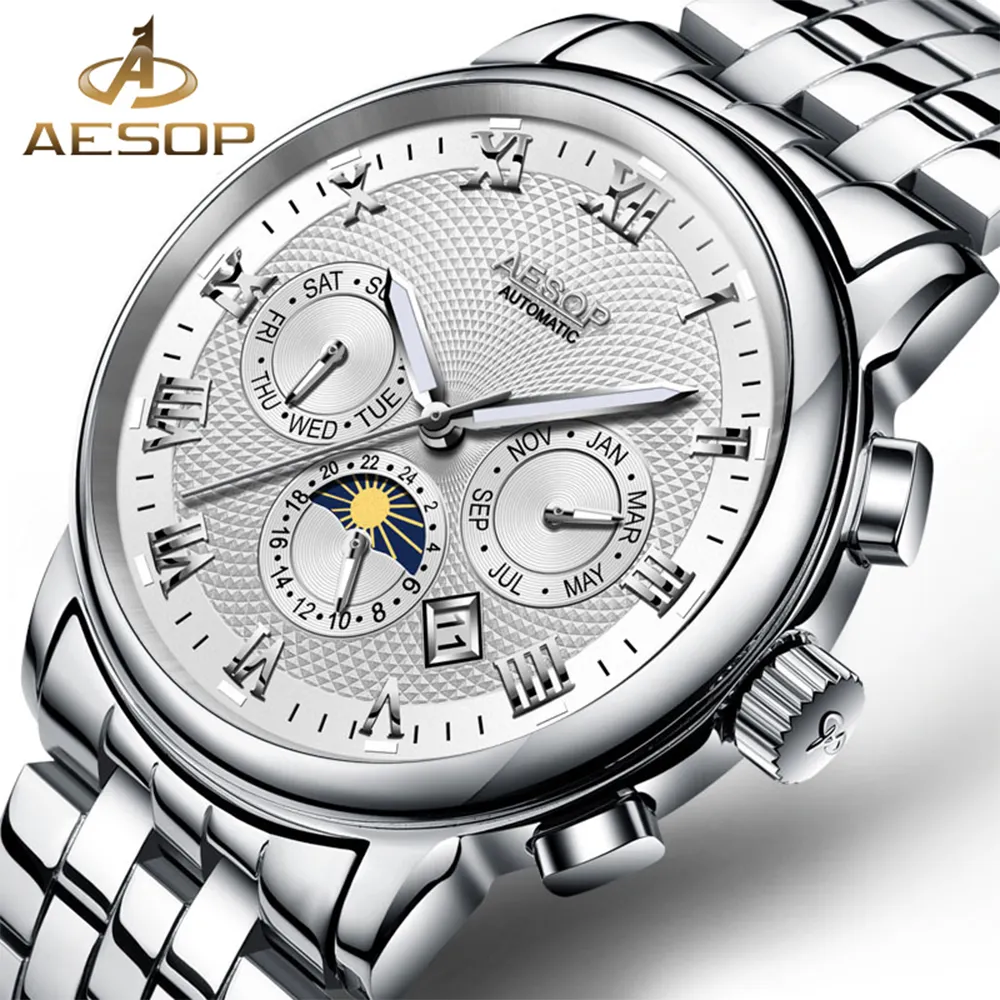 AESOP Men's automatic Wristwatch Stainless Steel Male Clock Relogio Masculino Box